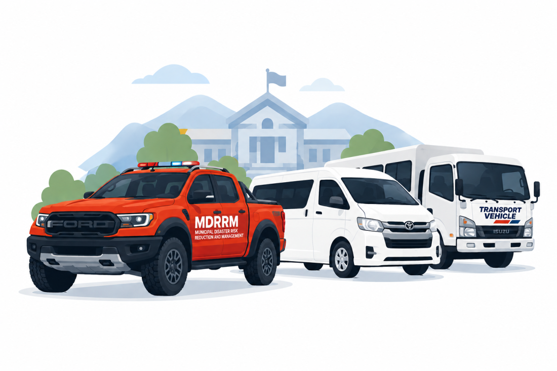 Municipal transport and MDRRM vehicles in front of the Bagulin municipal hall